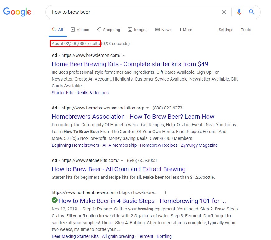 screenshot of Google SERP results for the query 'how to brew beer', highlighting the number of results in the index