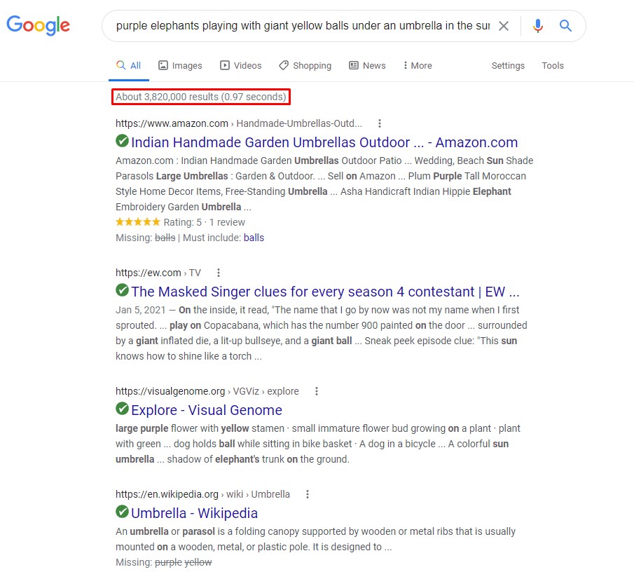 screenshot of Google SERP for the search query 'purple elephants playing with giant yellow balls under an umbrella in the sun', highlighting that there are 3,820,000 results in the index