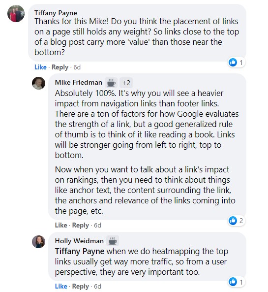 Facebook comments discussing link placement