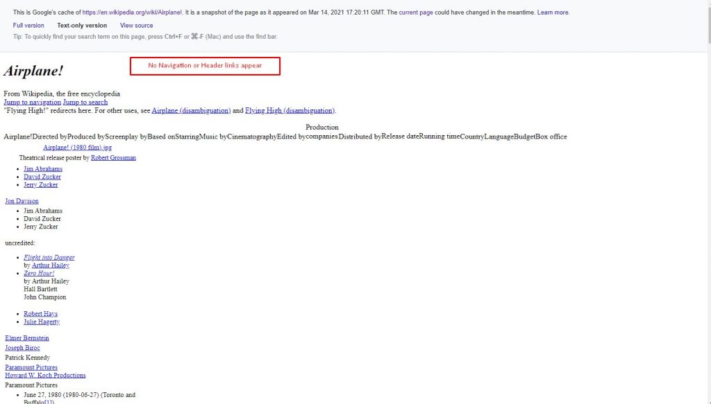 Screenshot of the text-only version of the Airplane! Wikipedia page.