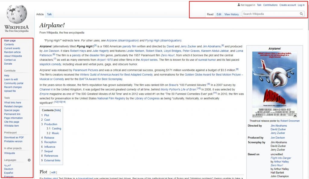 Screenshot of the Wikipedia page for the movie Airplane!