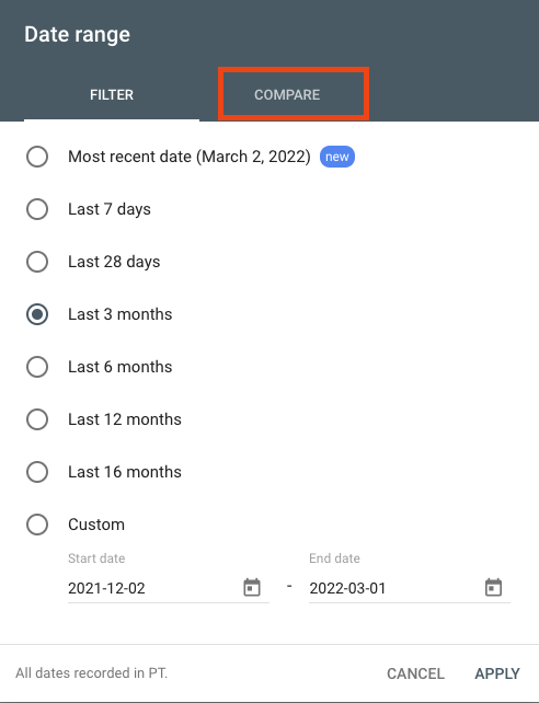 Screen shot of Google Search Console selecting comparison data