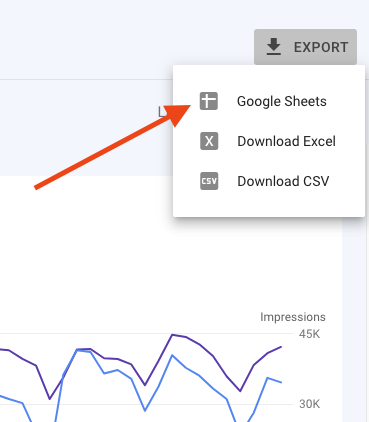 menu option to export data from Google Search Console