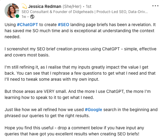 Screenshot of LinkedIn post from Jessica Redman about using ChatGPT to create SEO-optimized content briefs.