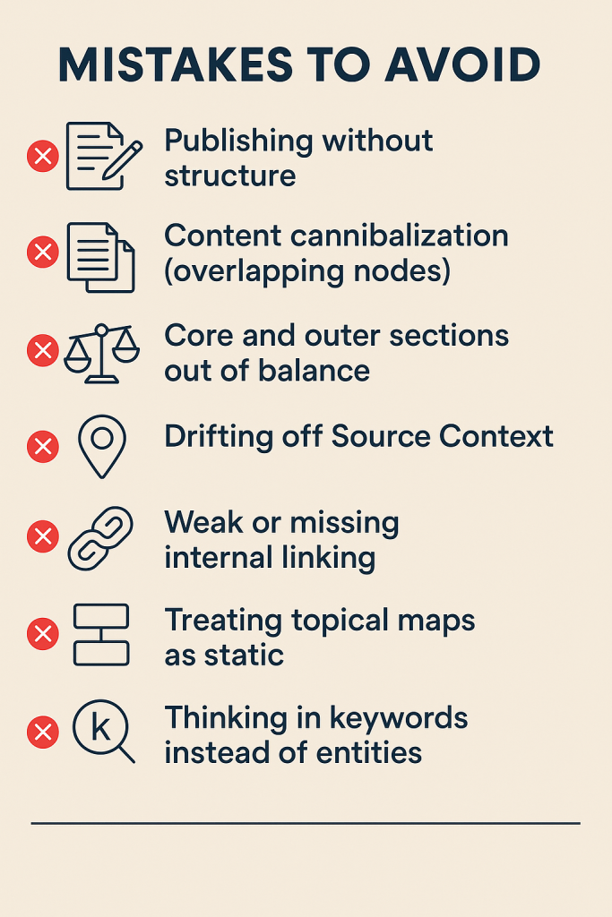 An image showing a checklist of mistakes to avoid when building topical maps.